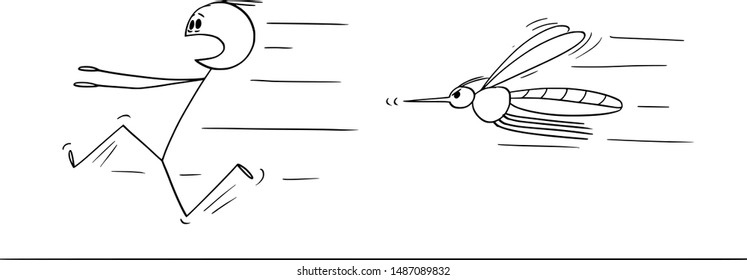 Vector Cartoon Stick Figure Drawing Conceptual Illustration Of Man Running Away In Fear From Mosquito Or Insect.