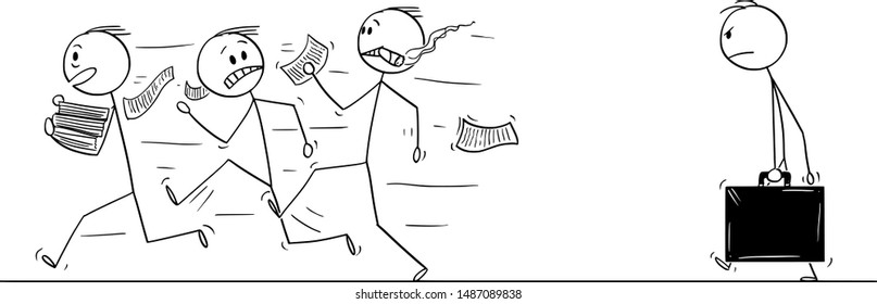 Vector cartoon stick figure drawing conceptual illustration of group of men or businessmen running away in panic from auditor, examiner or inspector. Concept of tax or taxation.