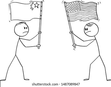 Vector cartoon stick figure drawing conceptual illustration of two angry men, politicians or businessmen holding flags of USA or United States and China. Concept of trade war and conflict.