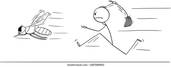 Vector cartoon stick figure drawing conceptual illustration of man or businessman chasing big fly with swatter, flapper or fly-flap.