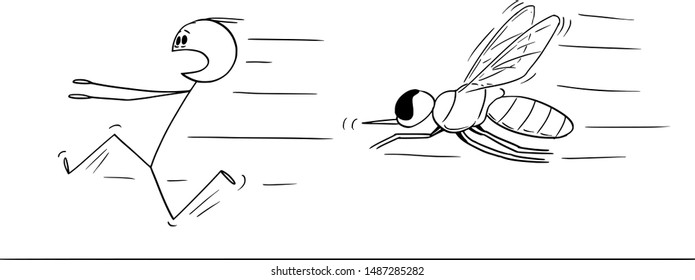 Vector cartoon stick figure drawing conceptual illustration of man running away in fear from mosquito or insect.