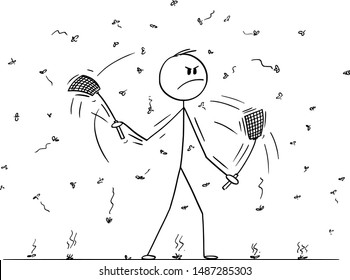 Vector cartoon stick figure drawing conceptual illustration of man or businessman with swatters, flappers or fly-flaps in hands killing flies, mosquitoes or insect flying around or debugging software.