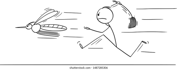 Vector cartoon stick figure drawing conceptual illustration of man or businessman chasing big mosquito with swatter, flapper or fly-flap.