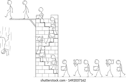 Vector cartoon stick figure drawing conceptual illustration of men or workers carrying big stone blocks as building material and climbing stairs on high tower. Career metaphor.
