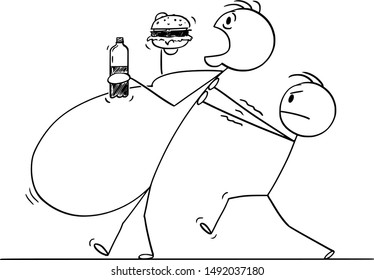 Vector cartoon stick figure drawing conceptual illustration of overweight, morbid obese or fat man eating unhealthy food while another man is helping him to walk.