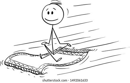 Vector cartoon stick figure drawing conceptual illustration of man or businessman sitting on flying carpet.