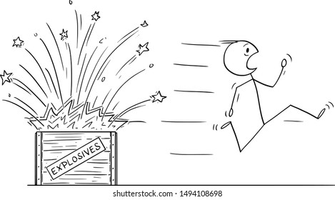 Vector cartoon stick figure drawing conceptual illustration of man, pyrotechnist or bomb disposal expert running away from exploding box with explosives.