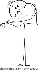 Vector cartoon stick figure drawing conceptual illustration of man eating pork ham meat. Concept of healthy diet and lifestyle.