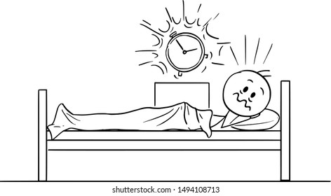 Vector cartoon stick figure drawing conceptual illustration of tired man lying in bed and woken by ringing alarm clock in the early morning.