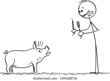 Vector cartoon stick figure drawing conceptual illustration of man smacking his lips while looking at terrified pig with fork and knife in hands.