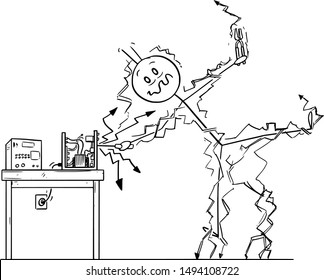 Vector cartoon stick figure drawing conceptual illustration of man or repairman repairing some electronic device and get electric shock. Occupational safety concept.