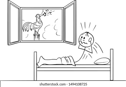 Vector cartoon stick figure drawing conceptual illustration of tired man in bed woken or woke by rooster crowing on garden.