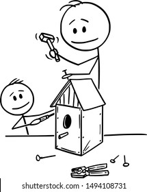 Vector Cartoon Stick Figure Drawing Conceptual Illustration Of Man And Boy Or Father And Son Building Together Birdhouse For Birds In Workshop.