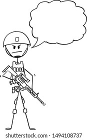 Vector cartoon stick figure drawing conceptual illustration of modern army soldier in camouflage vest and helmet and armed with rifle. Empty speech bubble for your text.