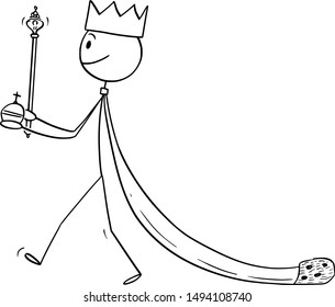 Vector cartoon stick figure drawing conceptual illustration of fantasy or medieval king walking in robe.