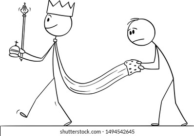 Vector cartoon stick figure drawing conceptual illustration of fantasy or medieval king walking with servant holding his robe.