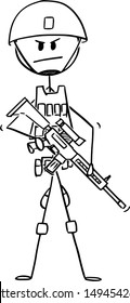 Vektor-Cartoon-Stick Figur Zeichnung konzeptionelle Illustration der modernen Armee Soldat in Tarnweste und Helm und mit Gewehr bewaffnet.