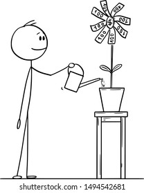Vector cartoon stick figure drawing conceptual illustration of man or businessman watering flower in pot blooming with money or bills.