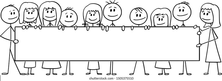 Vector cartoon stick figure drawing conceptual illustration of group of smiling kids or children, boys and girls holding together big empty horizontal sign.