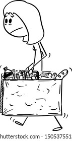 Vector cartoon stick figure drawing conceptual illustration of unhappy and tired woman carrying big shopping bag full of food and other goods or groceries.