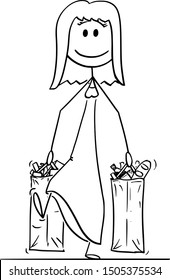 Vector cartoon stick figure drawing conceptual illustration of happy smiling woman carrying big shopping bags full of food and other goods or groceries.