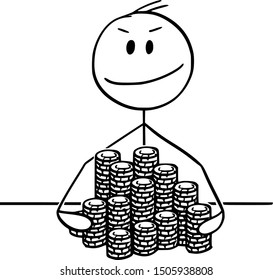 Vector cartoon stick figure drawing conceptual illustration of successful winner man or businessman with piles of poker or roulette casino chips.