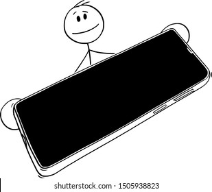 Vector Cartoon Stick Figure Drawing Conceptual Illustration Of Man Holding, Offering Or Passing Mobile Phone.