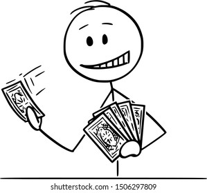 Vector cartoon stick figure drawing conceptual illustration of man or businessman holding playing cards in hand.