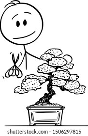 Vector cartoon stick figure drawing conceptual illustration of man pruning bonsai tree.