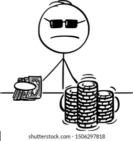 Vector cartoon stick figure drawing conceptual illustration of poker player with cards gambling and moving piles of casino chips.