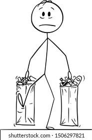 Vector cartoon stick figure drawing conceptual illustration of unhappy and tired man carrying big shopping bags full of food and other goods or groceries.