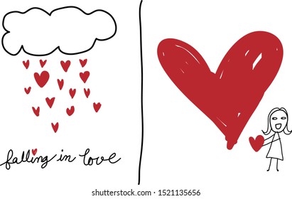 Vector cartoon stick figure drawing conceptual illustration a girl falling in love.