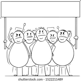 Vector cartoon stick figure drawing conceptual illustration of group of angry overweight or fat men or people on demonstration demonstrating with empty sign. Concept of health, consumerism and sustain