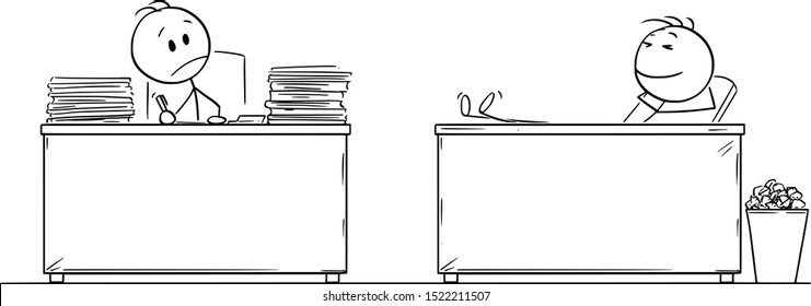 Vector cartoon stick figure drawing conceptual illustration of hard working office worker or businessman looking at lazy or fast colleague with legs on desk.
