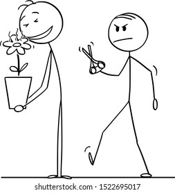Vector cartoon stick figure drawing conceptual illustration of man enjoying smelling to beautiful flower in plant pot, envious colleague is going with scissors.