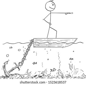 Vector cartoon stick figure drawing conceptual illustration of confident man or businessman standing on small boat and pointing forward, but don't moving because of big anchor stuck on the seabed.