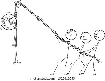 Vector cartoon stick figure drawing conceptual illustration of people hanging planet Earth hanged on the rope. Death of the world, environmental preservation concept.