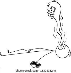 Vector cartoon stick figure drawing conceptual illustration dead man dying during phone call  spirit is leaving his body and mobile phone in hand  Concept addiction 