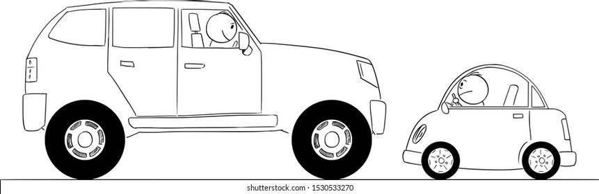 Vector Cartoon Stick Figure Drawing Conceptual Illustration Of Comparison Of Big And Small Car Or Expensive And Cheap Vehicles Or Rich And Poor Drivers.