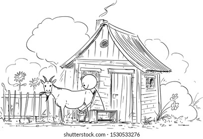 Vector cartoon stick figure drawing conceptual illustration of man or farmer milking goat on small old rural farm.