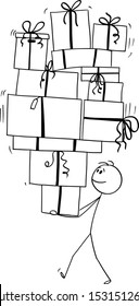 Vector cartoon stick figure drawing conceptual illustration of man carrying or balancing big pile of christmas or birthday gifts.