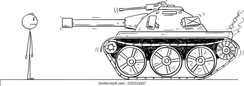 Vector cartoon stick figure drawing conceptual illustration of brave unarmed man or protester facing army tank.