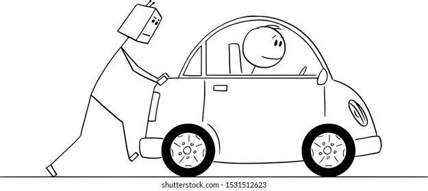 Vector cartoon stick figure drawing conceptual illustration of humanoid robot pushing broken or out of gas car. Concept or robotic car.