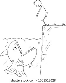 Vector cartoon stick figure drawing conceptual illustration of man or swimmer ready to jump in to water, but giant fish is waiting with mouth open to eat him.