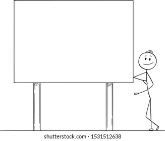 Vector cartoon stick figure drawing conceptual illustration of man or businessman leaning towards and pointing at big empty billboard ready for your text.