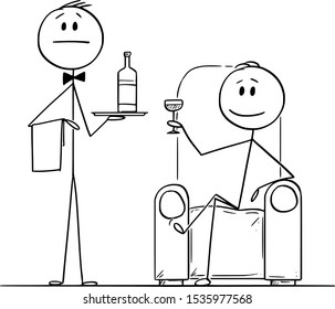 Vector Cartoon Stick Figure Drawing Conceptual Illustration Of Rich Man Sitting In Armchair Or Chair, With Glass In Hand And His Servant Or Valet In Standing Near And Holding Bottle On Tray.