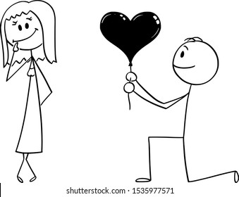 Vector cartoon stick figure drawing conceptual illustration of man in love kneeling and giving heart shape ballon to shy woman.