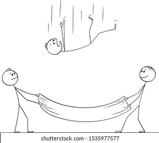 Vector Cartoon Stick Figure Drawing Conceptual Illustration Of Falling Man Or Businessman And Two Men Holding Safety Net To Catch And Save Him. Concept Of Security Or Insurance.