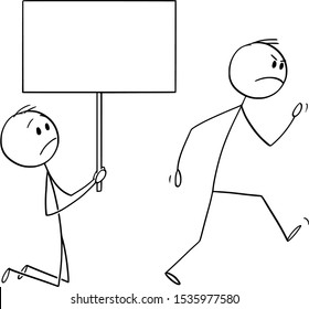 Vector cartoon stick figure drawing conceptual illustration of angry customer or worker walking away, and kneeling man holding empty sign begging him to don't leave.