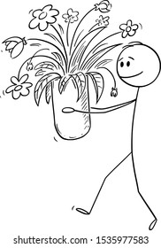 Vector cartoon stick figure drawing conceptual illustration of man walking and carrying or holding big vase of blooming flowers.